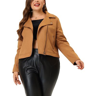 Women s Plus Size Zip Up Faux Suede Cropped Motorcycle Jacket