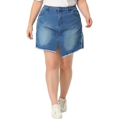 Plus Size Denim Skirt for Women Casual Slit Fashion Pockets Mini