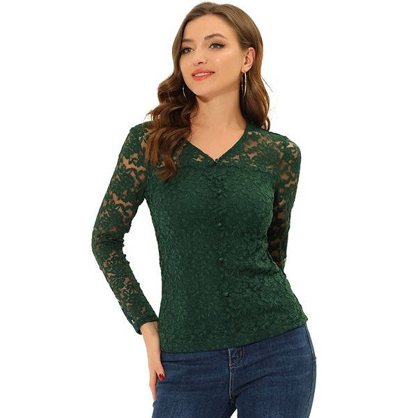 Women's Lace Top V Neck Floral Embroidery Long Sleeve Sheer Blouse
