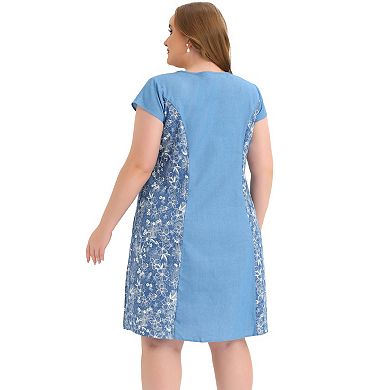Women's Plus Size Spring Holiday Denim V Neck Short Sleeve Floral A Line Knee Length Dress