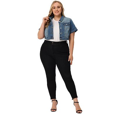 Women's Plus Size Cropped Denim Jackets Button Front Work Jean Washed Rolled Sleeves