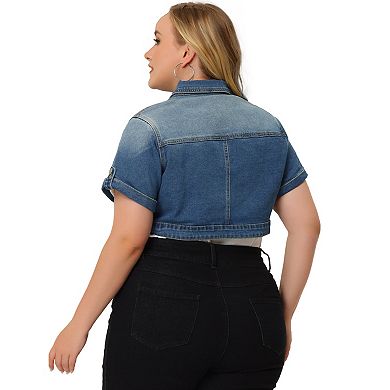 Women's Plus Size Cropped Denim Jackets Button Front Work Jean Washed Rolled Sleeves