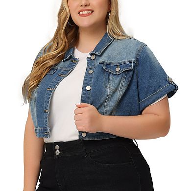 Women's Plus Size Cropped Denim Jackets Button Front Work Jean Washed Rolled Sleeves