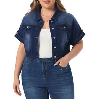 Women's Plus Size Cropped Denim Jackets Button Front Work Jean Washed Rolled Sleeves