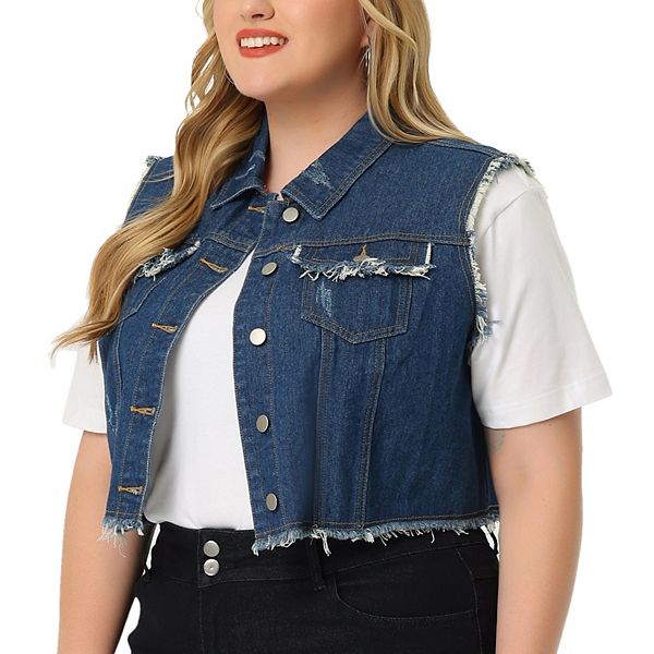Women's Plus Size Denim Vest Button Down Sleeveless Crop Jean Vests