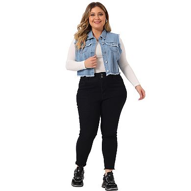 Women's Plus Size Denim Vest Button Down Sleeveless Crop Jean Vests