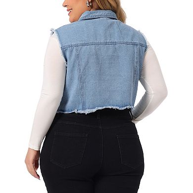Women's Plus Size Denim Vest Button Down Sleeveless Crop Jean Vests