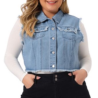 Women's Plus Size Denim Vest Button Down Sleeveless Crop Jean Vests