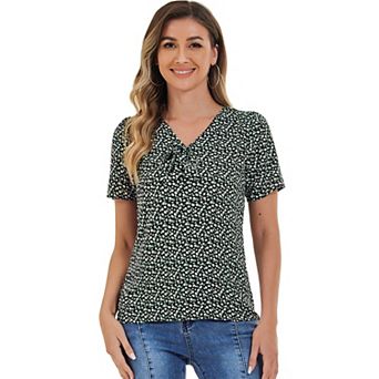 Women's Bow Tie V Neck Short Sleeve Patterns Top Straight Loose Breathable Printed Blouse