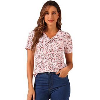 Women's Bow Tie V Neck Short Sleeve Patterns Top Straight Loose Breathable Printed Blouse