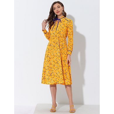 Allegra K Women's Choker Keyhole V-Neck Floral Dress With Belt - Vintage Style