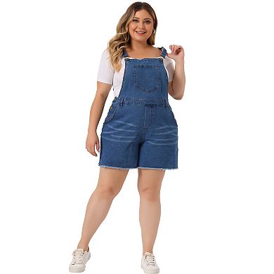 Plus Size Overalls Denim Pants for Women Ripped Raw Hem Chambray Shorts Pants