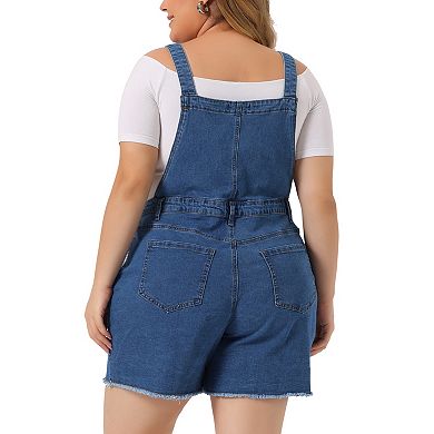 Plus Size Overalls Denim Pants for Women Ripped Raw Hem Chambray Shorts Pants