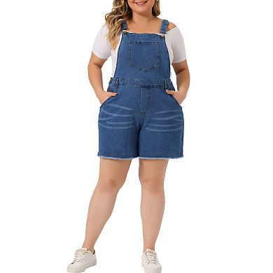 Plus Size Overalls Denim Pants for Women Ripped Raw Hem Chambray Shorts Pants