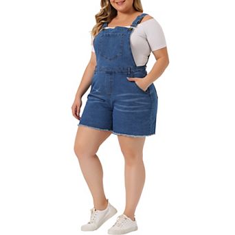 Plus Size Overalls Denim Pants for Women Ripped Raw Hem Chambray Shorts Pants