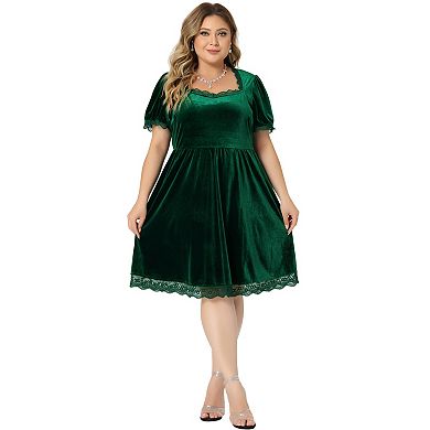 Women's Plus Size Babydoll Elastic Waist Lace Trim Party Velvet Flare Dress