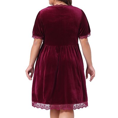 lace plus size velvet dress Plus Size Velvet Tea-Length Dress with Lace-Up Back HCM011  LAKSHMIGOWN