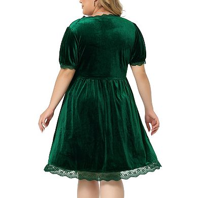 Women's Plus Size Babydoll Elastic Waist Lace Trim Party Velvet Flare Dress