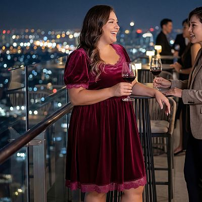 Women's Plus Size Babydoll Elastic Waist Lace Trim Party Velvet Flare Dress