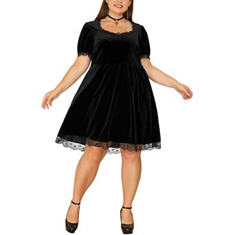 Women's Plus Size Babydoll Elastic Waist Lace Trim Party Velvet Flare Dress