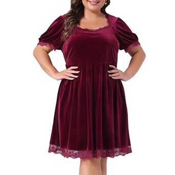 Women's Plus Size Babydoll Elastic Waist Lace Trim Party Velvet Flare Dress