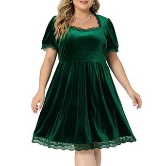 Women's Plus Size Babydoll Elastic Waist Lace Trim Party Velvet Flare Dress