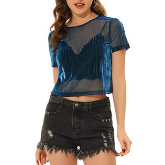 Women's Mesh Crop Short Sleeve See Through Shirts