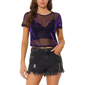 Women's Mesh Crop Short Sleeve See Through Shirts