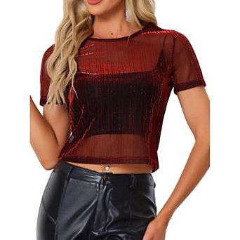 Women's Mesh Crop Short Sleeve See Through Shirts