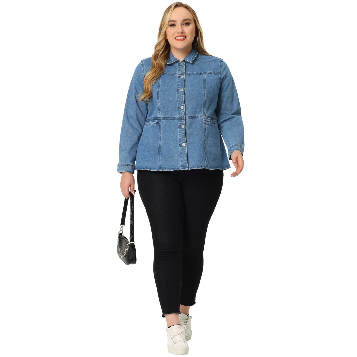 Agnes Orinda Women's Plus Size Denim Long Sleeve Collarless Pockets Button Down Crop Jean Jackets