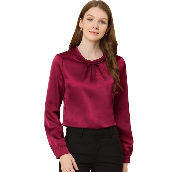 Satin Long Sleeve Blouse for Women's Ruched Silky Work Blouse