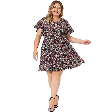 Women's Plus Dresses Floral Drawstring Waist V Neck Dress