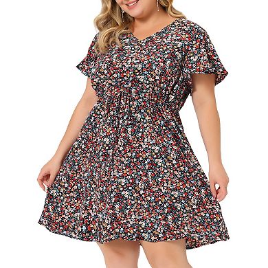 Women's Plus Dresses Floral Drawstring Waist V Neck Dress