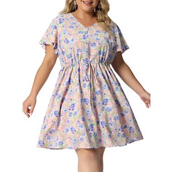 Women's Plus Dresses Floral Drawstring Waist V Neck Dress