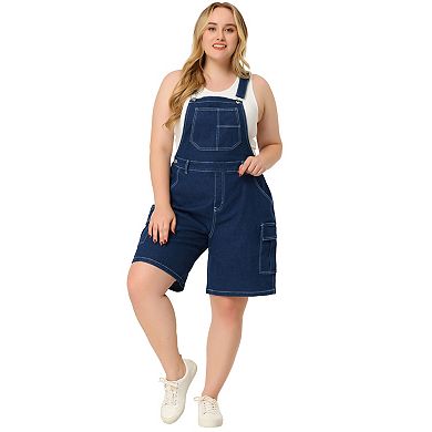 Plus Size Denim Overalls for Women Contrast Stitch Cargo Pocket Adjustable Strap Jeans Pants