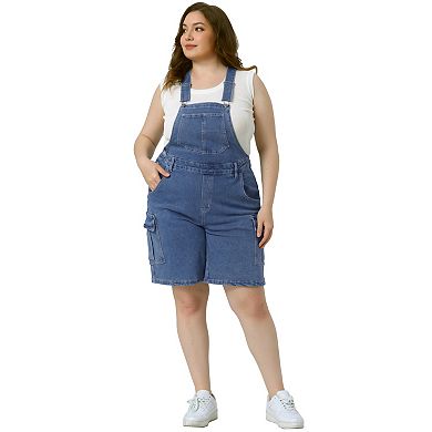 Plus Size Denim Overalls for Women Contrast Stitch Cargo Pocket Adjustable Strap Jeans Pants