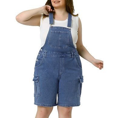 Plus Size Denim Overalls for Women Contrast Stitch Cargo Pocket Adjustable Strap Jeans Pants