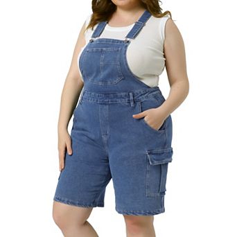 Plus Size Overall Shorts for Women Jumpsuit Adjustable Strap Bib Cargo Pocket Jean Denim Overalls