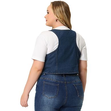 Women's Plus Size Denim Sleeveless Jacket Button Up Vintage Jean Waistcoat Vest