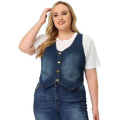 Women's Plus Size Denim Sleeveless Jacket Button Up Vintage Jean Waistcoat Vest