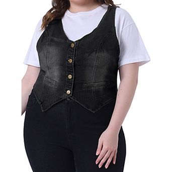 Women's Plus Size Denim Sleeveless Jacket Button Up Vintage Jean Waistcoat Vest