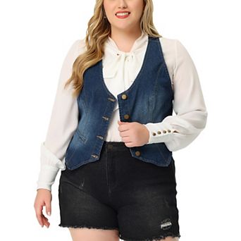 Women's Plus Size Denim Sleeveless Jacket Button Up Vintage Jean Waistcoat Vest