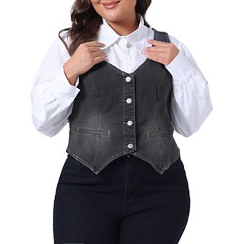 Women's Plus Size Denim Sleeveless Jacket Button Up Vintage Jean Waistcoat Vest