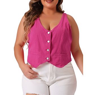 Women's Plus Size Denim Sleeveless Jacket Button Up Vintage Jean Waistcoat Vest