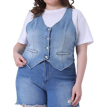 Women's Plus Size Denim Sleeveless Jacket Button Up Vintage Jean Waistcoat Vest