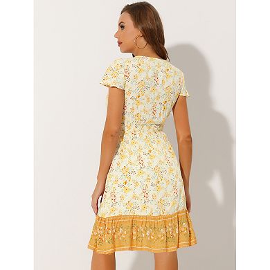 Women's Bohemian Flutter Sleeve Smocked Waist A-Line Floral Dress