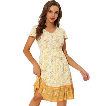 Women's Bohemian Flutter Sleeve Smocked Waist A-line Floral Dress