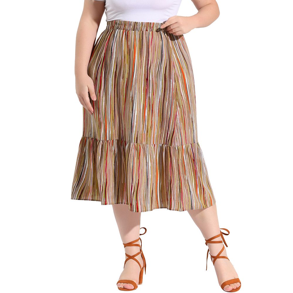 Hi Curvy Plus Size Women Multi Stripe Print Wrap Top & Flare Skirt Set