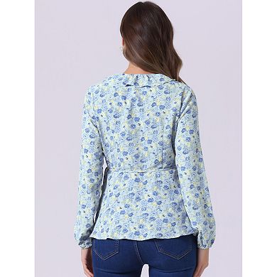 Women's Floral V Neck Wrap Top Long Sleeve Tie Waist Ruffle Peplum Blouse