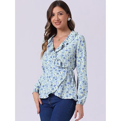 Women's Floral V Neck Wrap Top Long Sleeve Tie Waist Ruffle Peplum Blouse